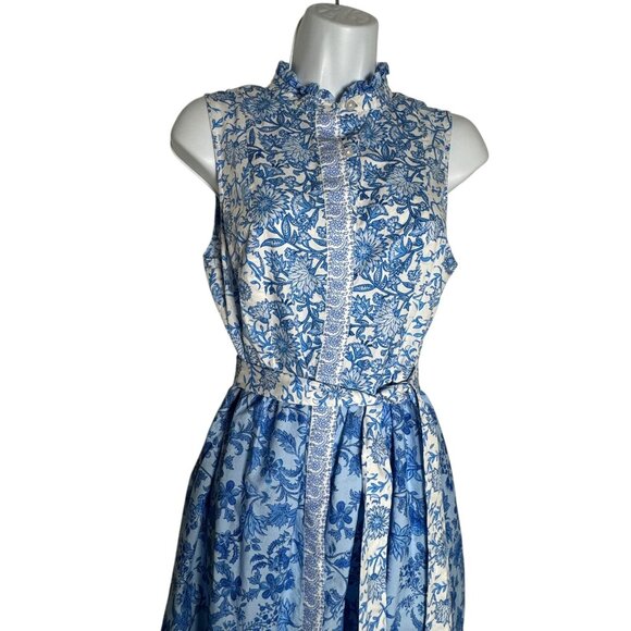 CeCe Women’s Blue White Floral Ruffle belted Midi Dress Size Small 100% Cotton - Picture 4 of 13